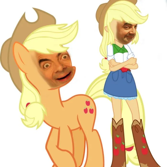 Cartoon characters with Mr. Bean's face photoshopped humorously into an animated pony and girl figure.