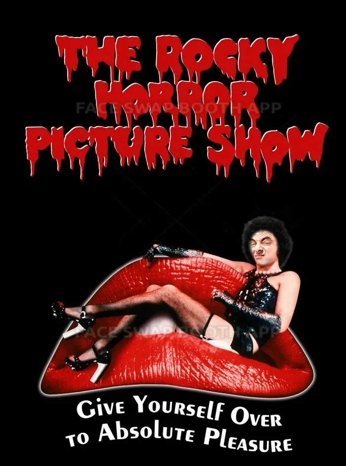 Mr. Bean photoshopped into The Rocky Horror Picture Show poster sitting on red lips in costume.