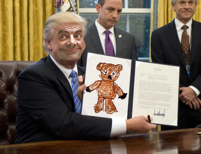 Person with a Mr. Bean photoshopped face holding a document with a crudely drawn teddy bear, illustrating Mr. Bean Photoshop humor.