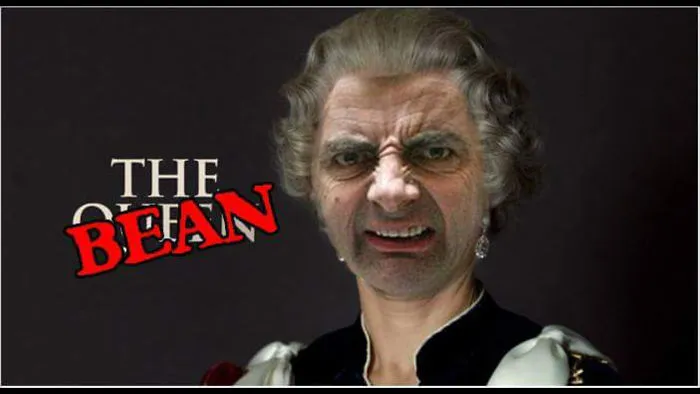 Mr. Bean photoshopped as a royal figure, blending humor with a classic portrait for hilarious effect.