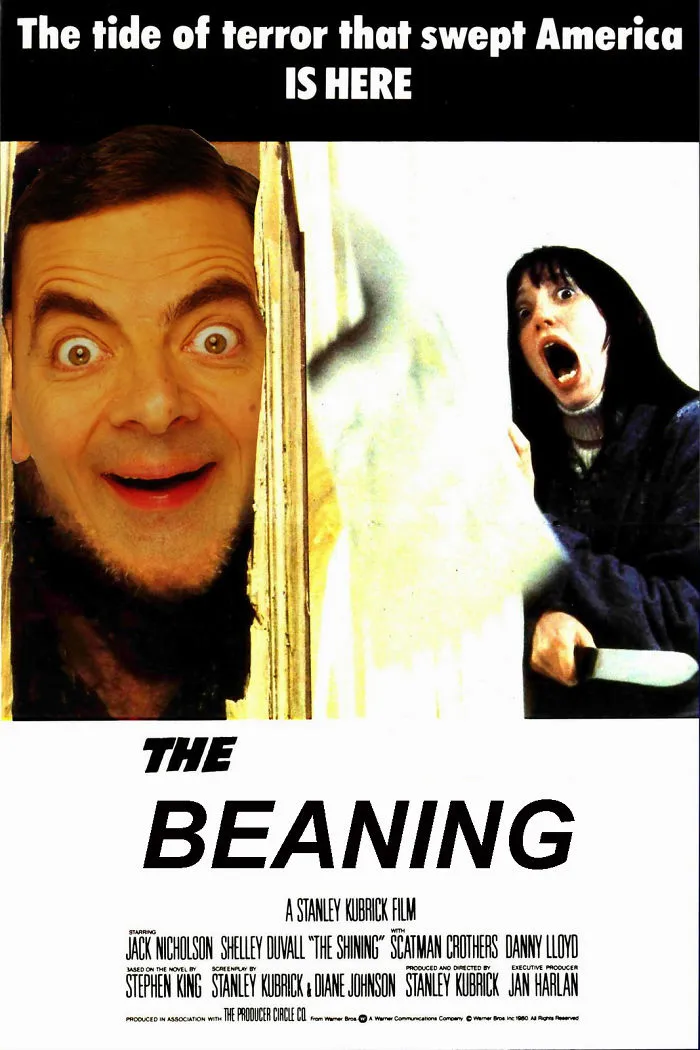 Photoshopped image of Mr. Bean replacing Jack Nicholson in a hilarious movie poster parody.