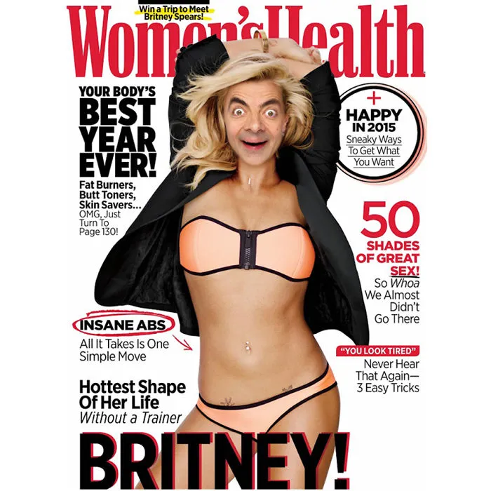 Photoshopped Mr. Bean’s face on a woman’s body on a Women’s Health magazine cover, creating a hilarious image.