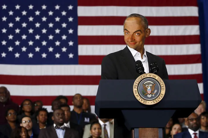 Mr. Bean photoshopped as a U.S. president at a podium with an American flag backdrop and an audience behind him
