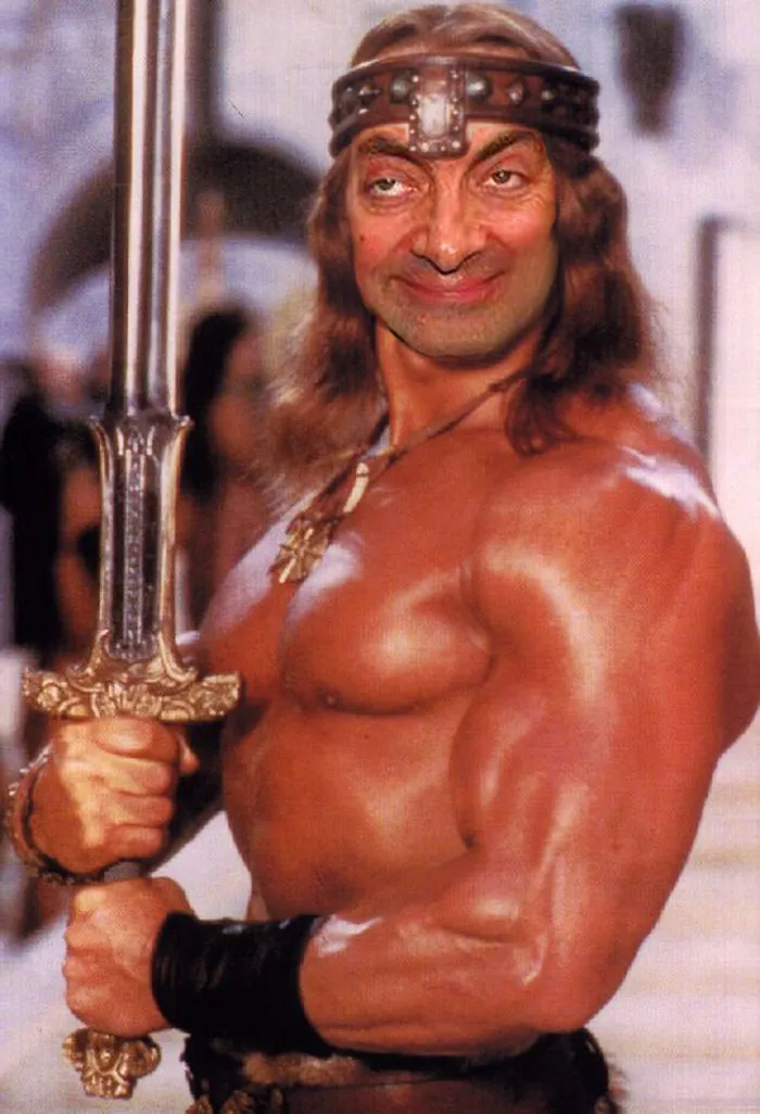 Muscular warrior holding a sword with Mr. Bean's photoshopped face in a humorous edit.