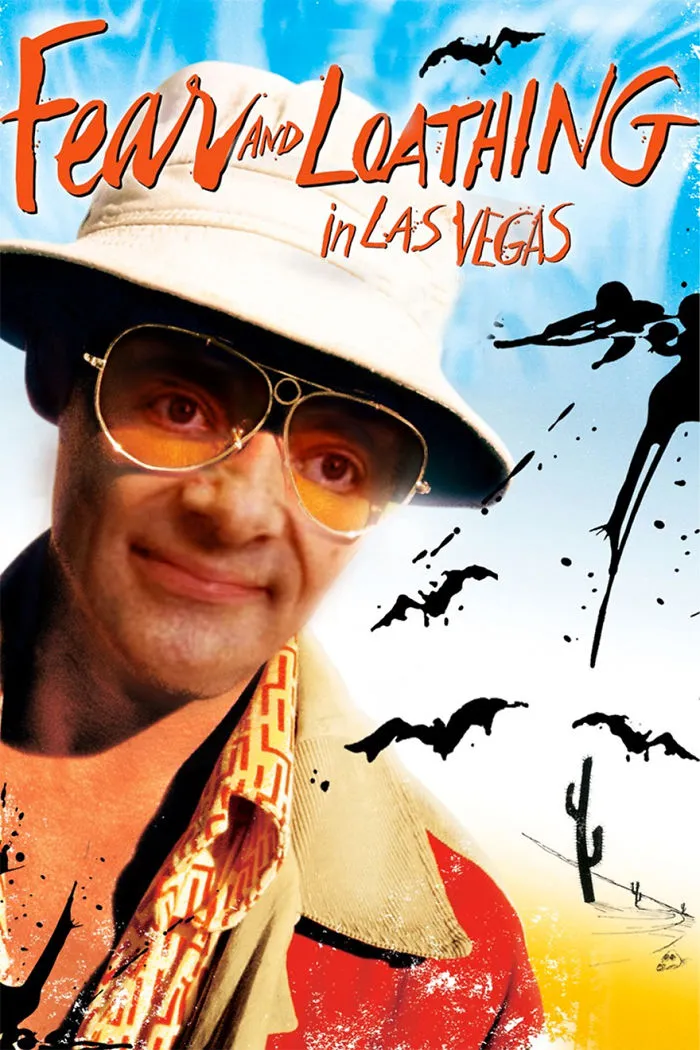 Photoshopped image of Mr. Bean wearing sunglasses and a hat in a Fear and Loathing in Las Vegas poster parody.
