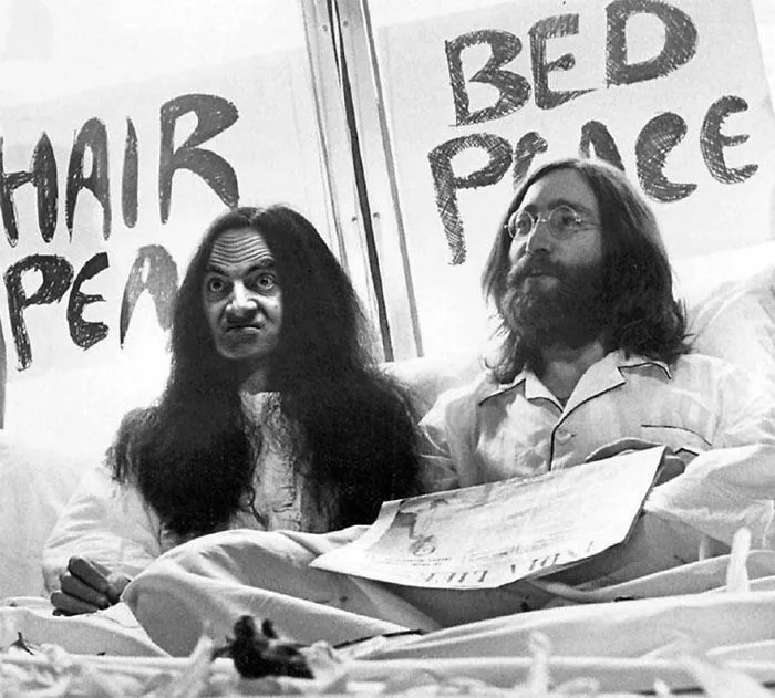 Black and white image of John Lennon and Yoko Ono with Mr. Bean photoshopped face, showcasing viral funny edits.