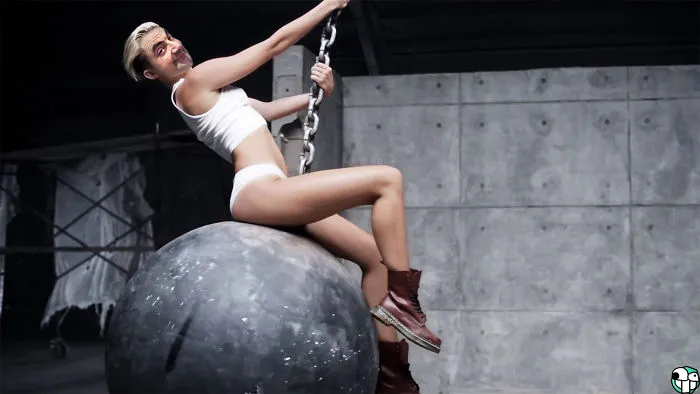 Person with Mr. Bean's photoshopped face swinging on a wrecking ball in an industrial setting, showcasing hilarious edits.
