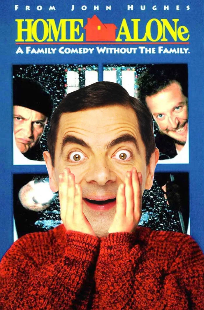 Mr. Bean photoshopped onto Home Alone movie poster, creating a hilarious mashup of classic comedy characters.