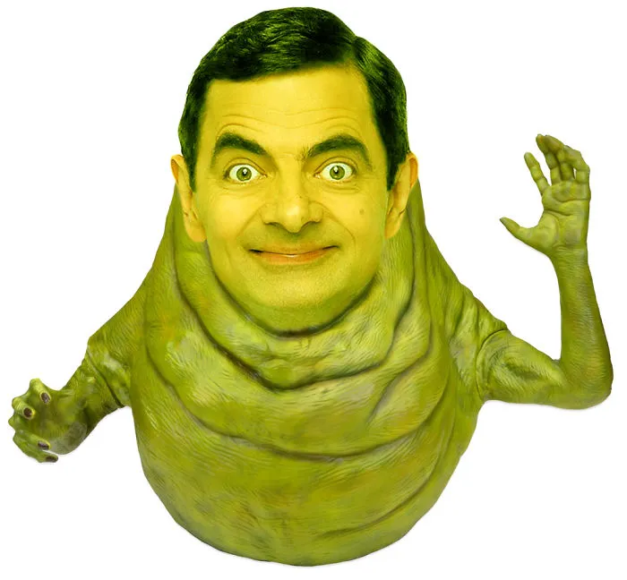 Mr. Bean photoshopped onto a green, slug-like creature with arms raised in a humorous, surreal image.