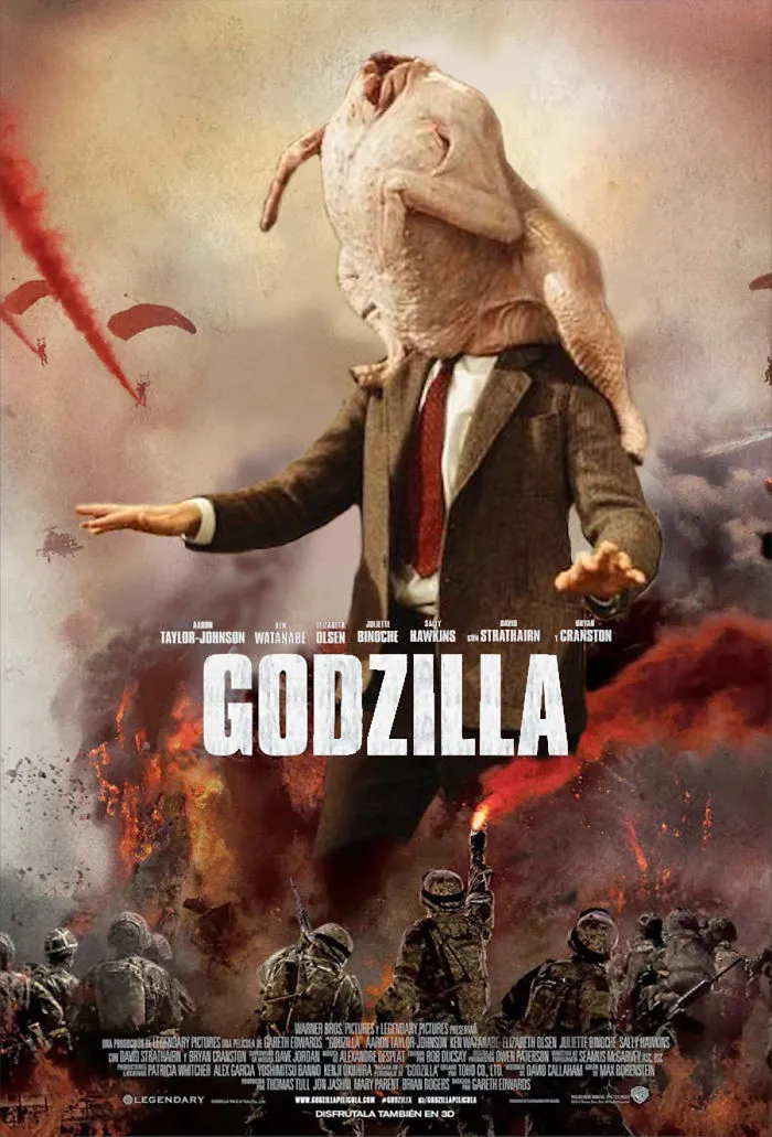 Godzilla movie poster with Photoshopped Mr. Bean wearing a suit and a raw turkey as his head in a chaotic battle scene.