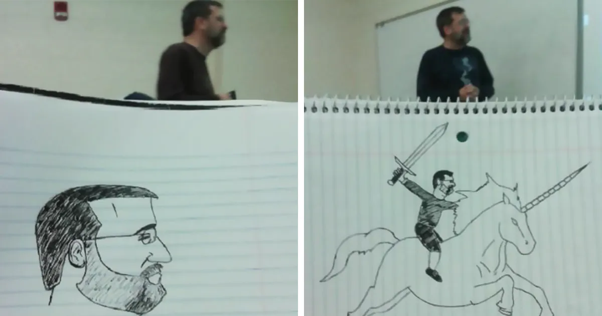 Este alumno aburrido estuvo todo el semestre dibujando a su profesor, y se nota cómo mejora en cada clase