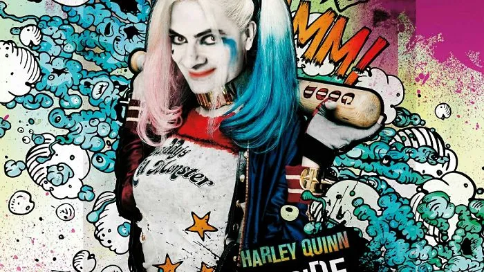 Photoshopped Mr. Bean face on Harley Quinn holding a baseball bat with colorful comic book background.