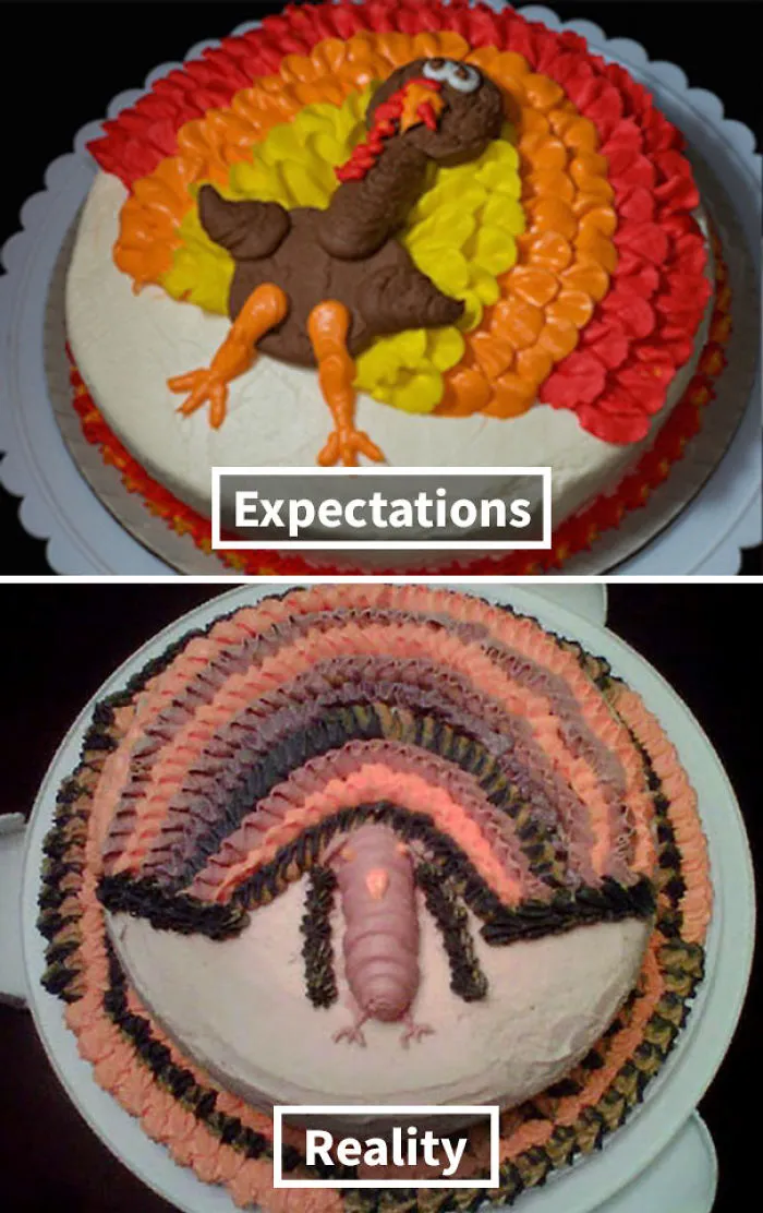 beautiful cake with drawing turkey on it (up), horrible cake with drawing turkey on it (down)