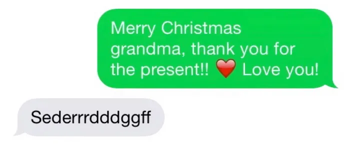 Older people texting fail with a humorous reply, "Sederrrddggff," after a Christmas message.