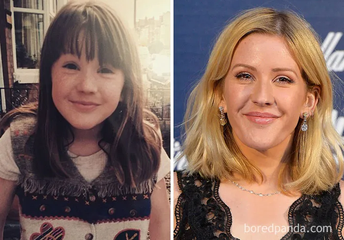 Rare celebrity childhood photo showing a barely recognizable star as a young girl and as an adult at a public event.