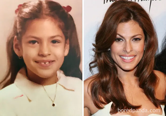 Rare celebrity childhood photo showing a young girl with necklace next to her adult image at a public event.