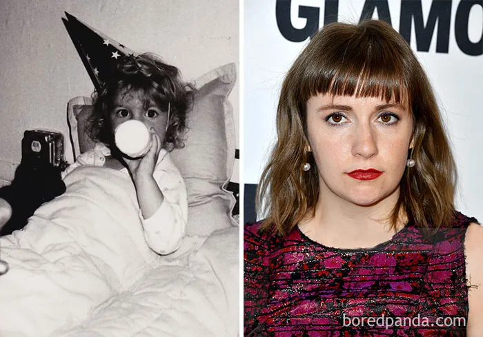 Rare celebrity childhood photo of a young girl wearing a party hat drinking from a bottle in bed.