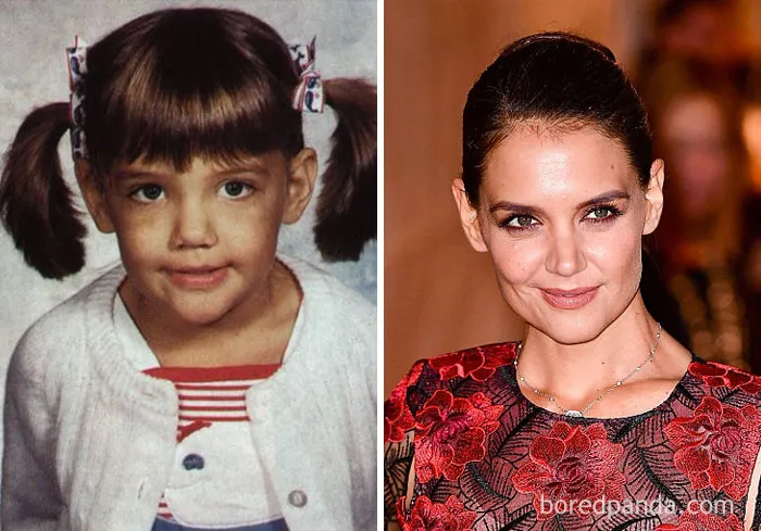 Rare celebrity childhood photo showing a young girl with pigtails alongside her grown-up star image.