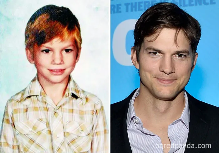 Side-by-side rare celebrity childhood photos showing a star as a young boy and grown man at an event.