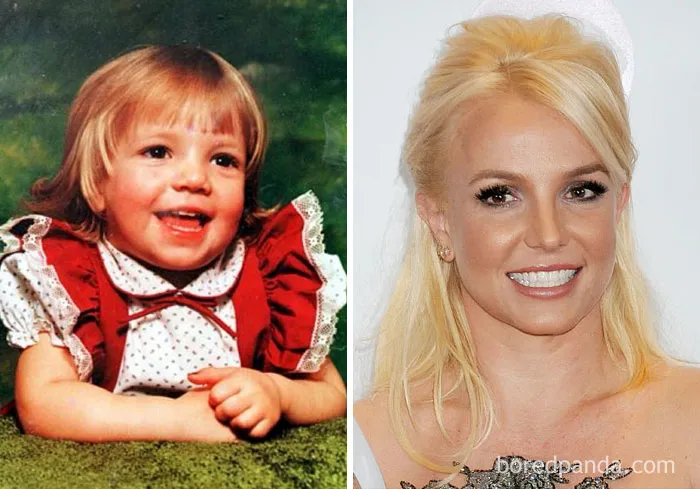 Rare celebrity childhood photo of a smiling young girl in a red dress paired with her adult star image at an event