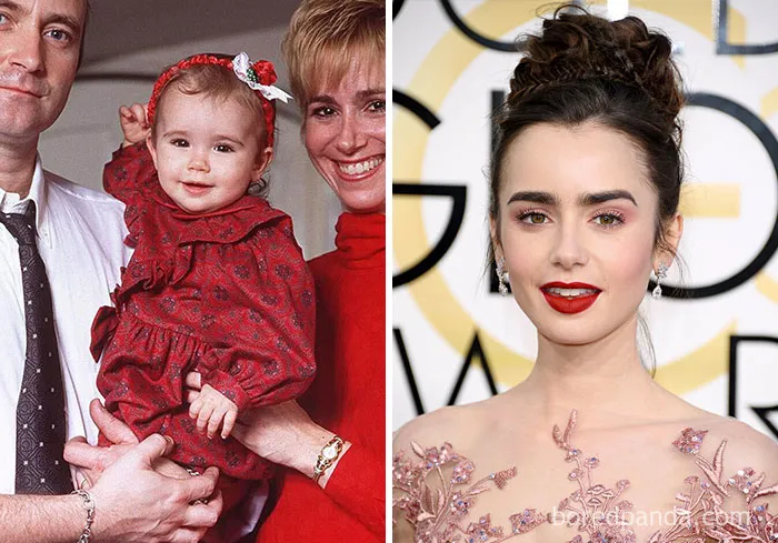 Rare celebrity childhood photo of a baby in a red dress next to a grown woman at a formal event with elegant makeup and hairstyle.