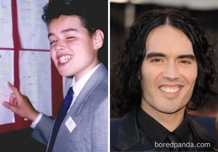 Side-by-side images of a rare celebrity childhood photo and the same star as an adult showing barely recognizable features.