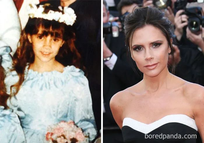 Rare celebrity childhood photo of a young girl in a blue dress next to a glamorous adult woman at a red carpet event.