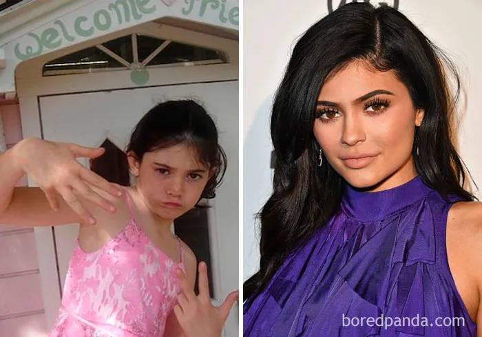 Childhood photo of a young girl in a pink dress showing a playful pose with a woman celebrity in a purple outfit.