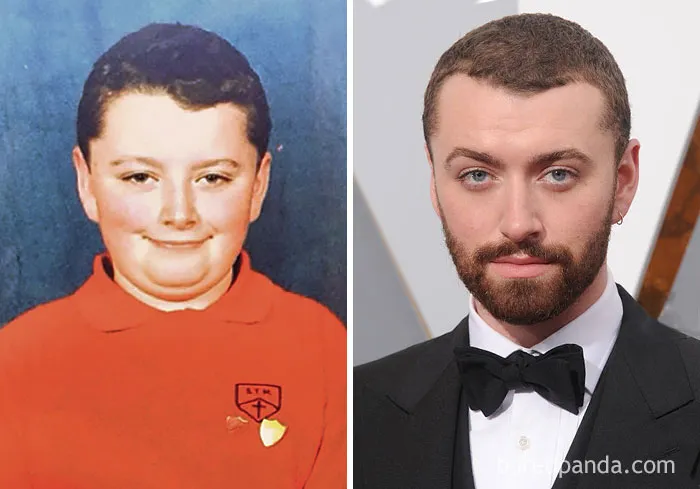 Side-by-side rare celebrity childhood photo and current star at a formal event, showing barely recognizable transformation.