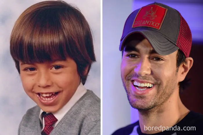 Rare celebrity childhood photo showing a young boy and the same star as an adult wearing a cap, smiling brightly.