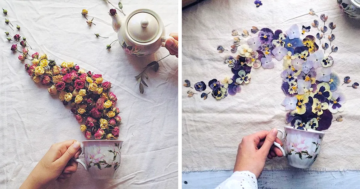 Poéticas escenas de tazas de té rebosando preciosas flores