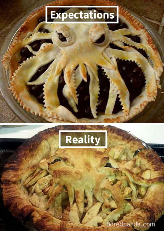 beautiful cake in the form of octopus (up), unattractive cake (down)