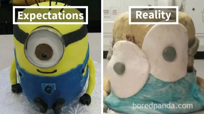 beautiful Minions birthday cake (left), bad-looking Minions birthday cake (right)