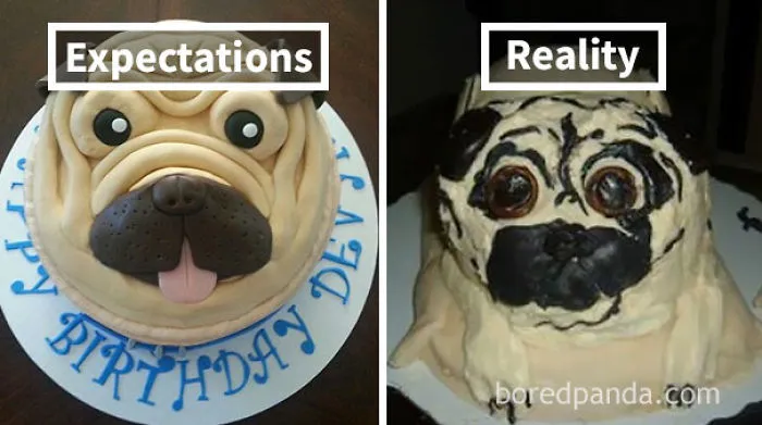 beautiful pug cake (left), simple pug cake (right)