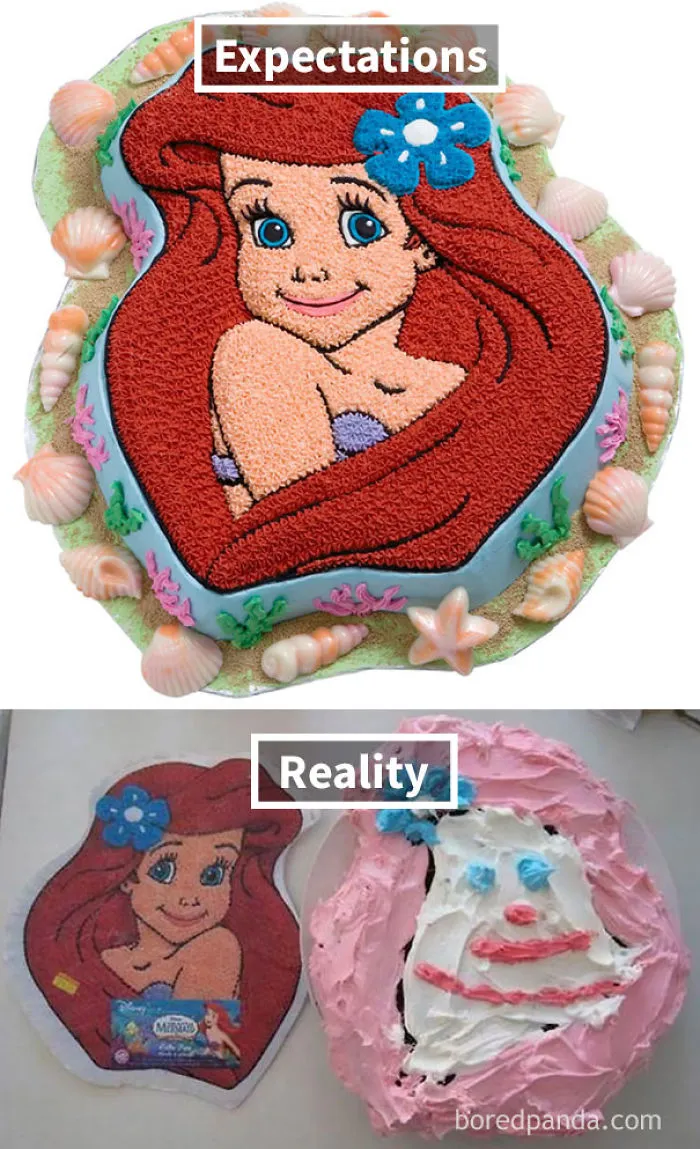 beautiful picture of mermaid near a horrible mermaid cake