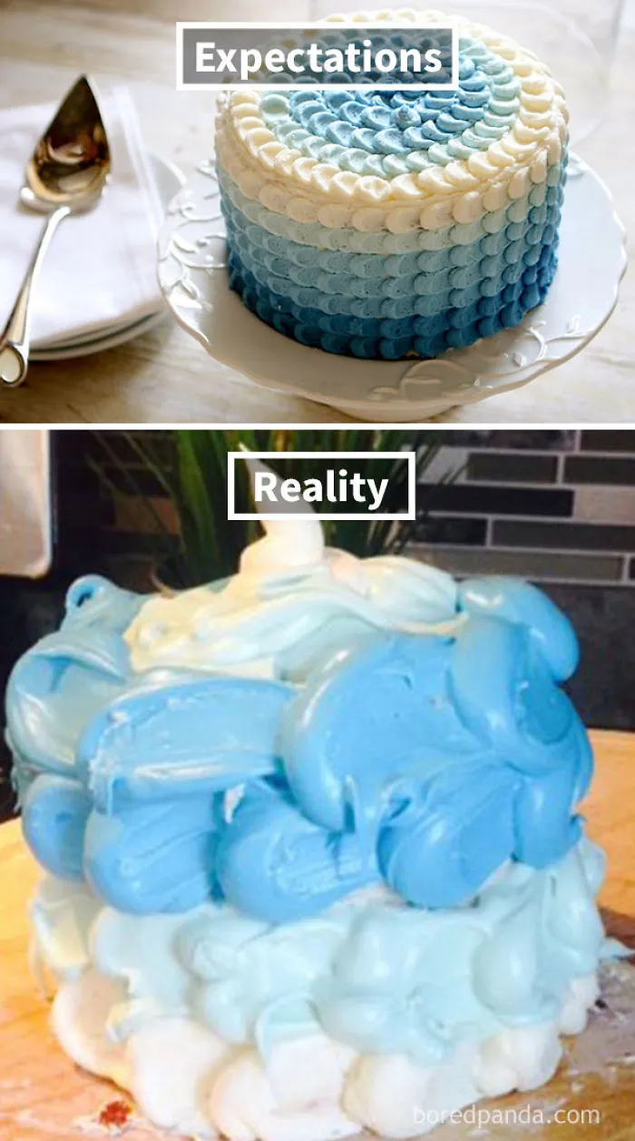 beautiful ombre cake in blue colors (up), deformed ombre cake in blue colors (down)