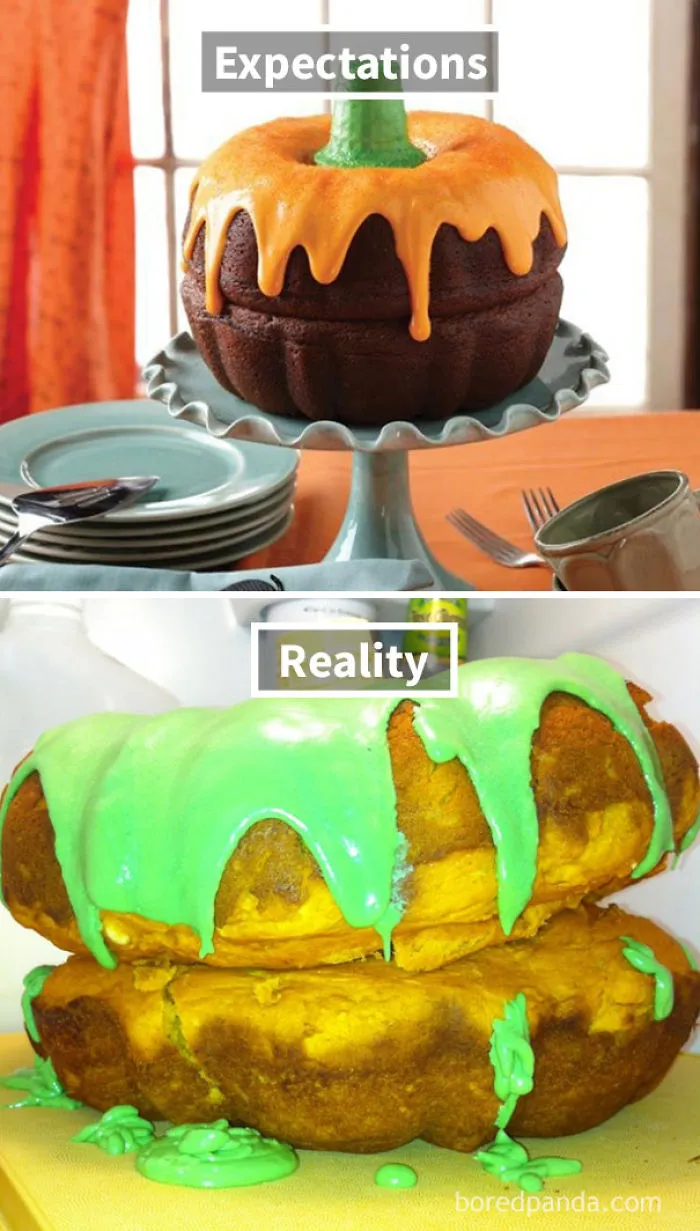 beautiful cake in the form of pumpkin (up), bad-looking cake (down)
