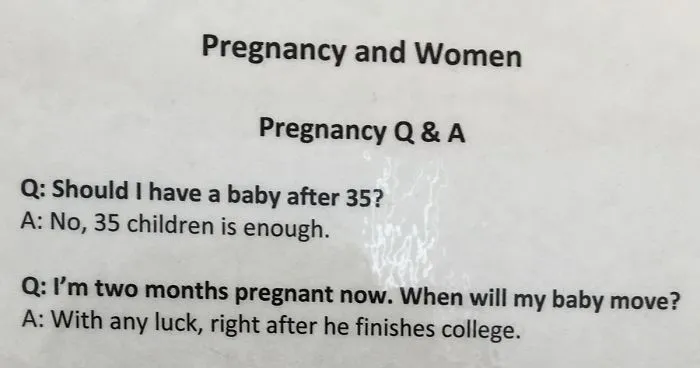 This Brutally Honest Pregnancy FAQ Sign On OBGYN's Wall Will Make You Laugh