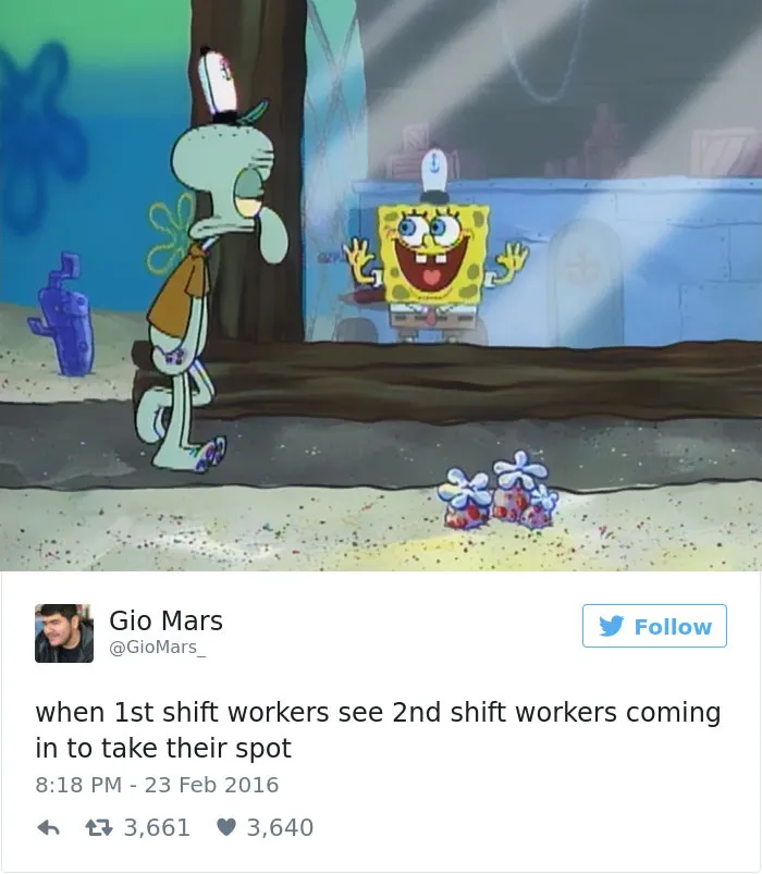 SpongeBob waving at Squidward, illustrating a funny work meme about shift change.