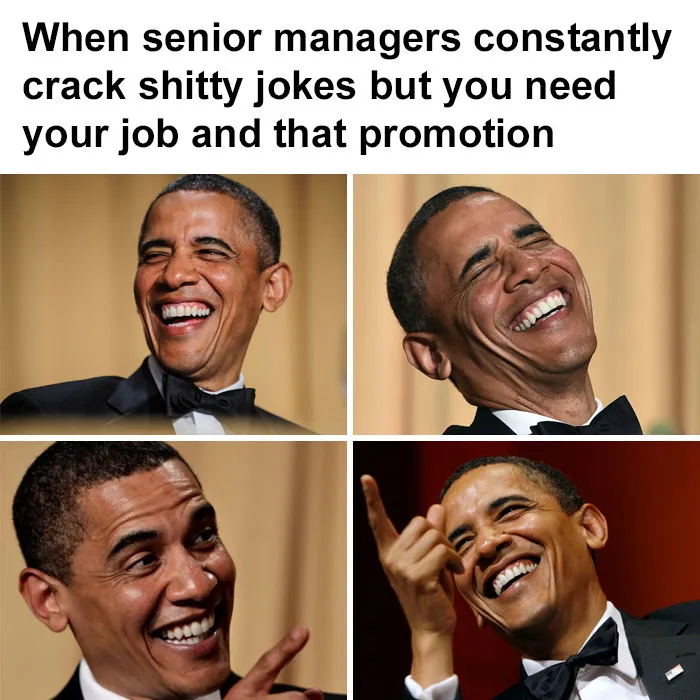A man in a tuxedo laughing in a collage, humorous work-related meme.