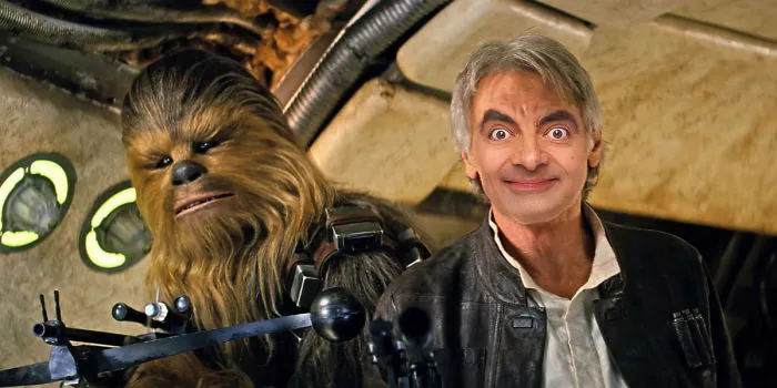 Mr. Bean photoshopped into a Star Wars scene, standing next to Chewbacca holding a futuristic weapon.