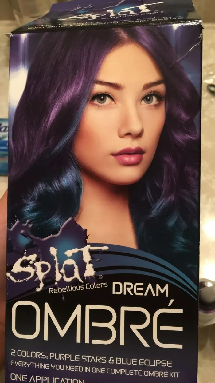 Box of Splat rebellious colors hair dye with ombré purple stars and blue eclipse shades, not related to photoshopping Mr. Bean.