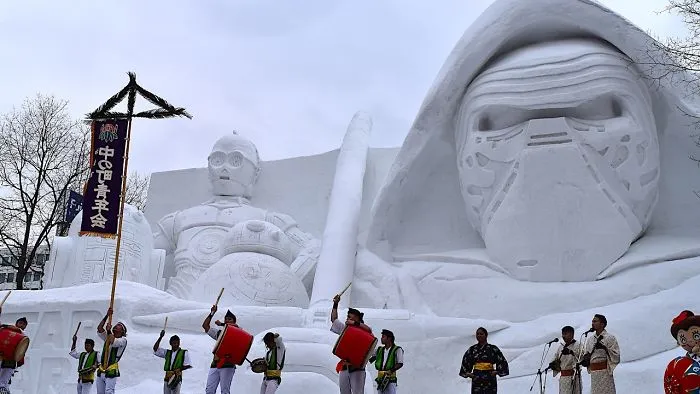 Japanese Tradition Music Before A Star Wars Snow Sculpture.