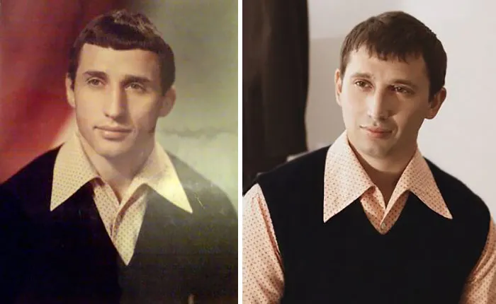 Padre e hijo, misma edad, misma camisa