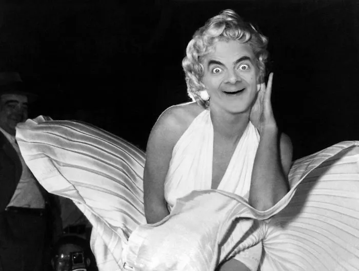 Black and white photo of Marilyn Monroe with Mr. Bean's face photoshopped, highlighting hilarious Mr. Bean edits.