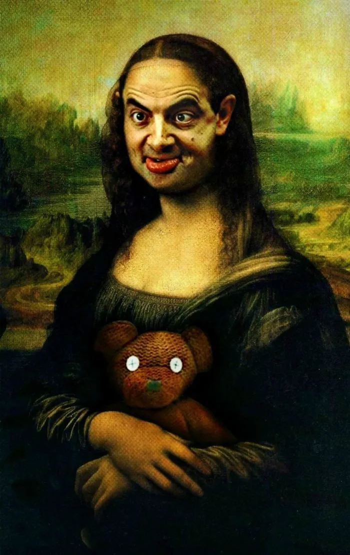Mona Lisa with Mr. Bean's face photoshopped, holding a stuffed bear in a humorous digital artwork.
