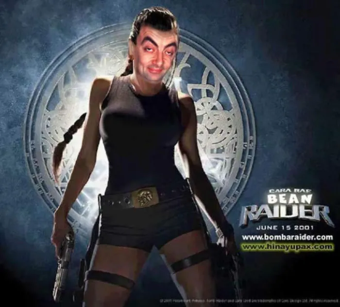 Person photoshopped as Mr. Bean in a Lara Croft outfit holding guns, showcasing hilarious Mr. Bean photoshop creativity.