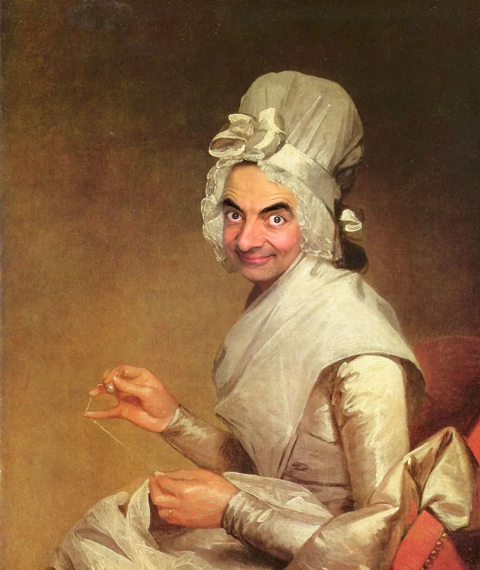 Photoshopped image of Mr. Bean's face on a historical portrait of a woman sewing, showcasing funny Mr. Bean edits.