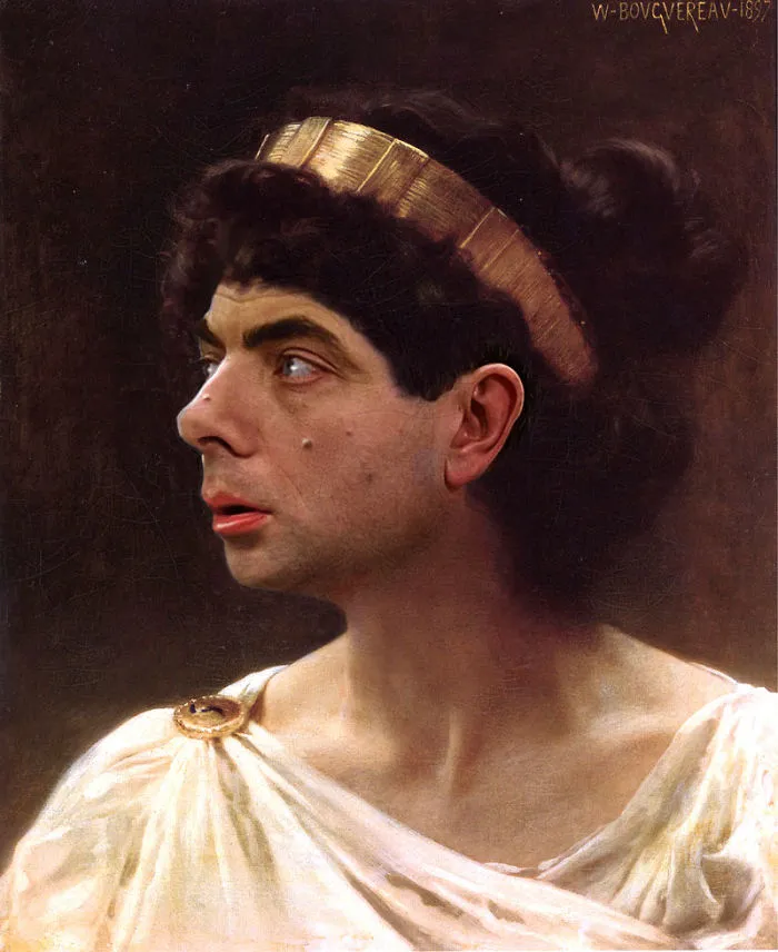 Photoshopped image of Mr. Bean’s face on a classical portrait wearing a white toga and gold headband.