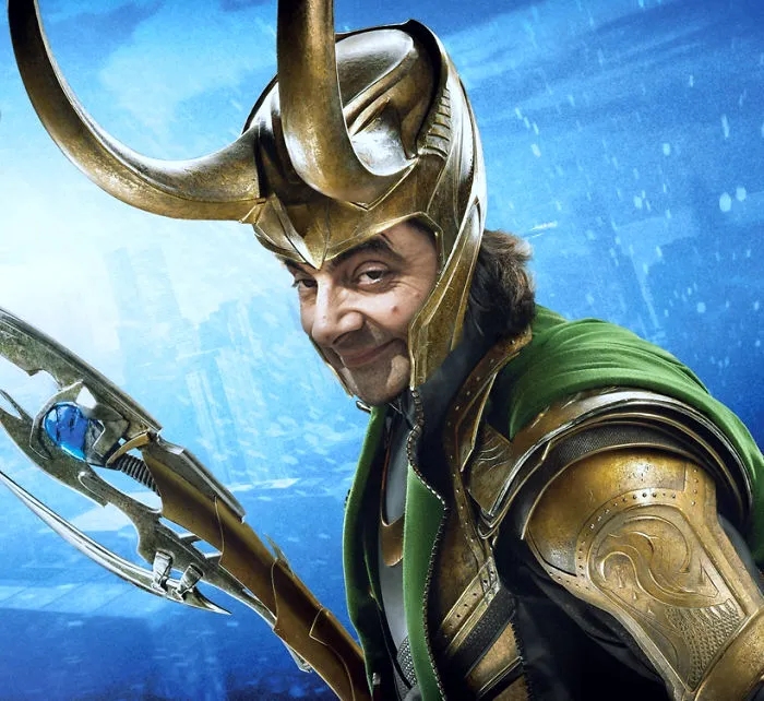 Mr. Bean photoshopped as Loki in detailed golden armor with a horned helmet and a mischievous expression.